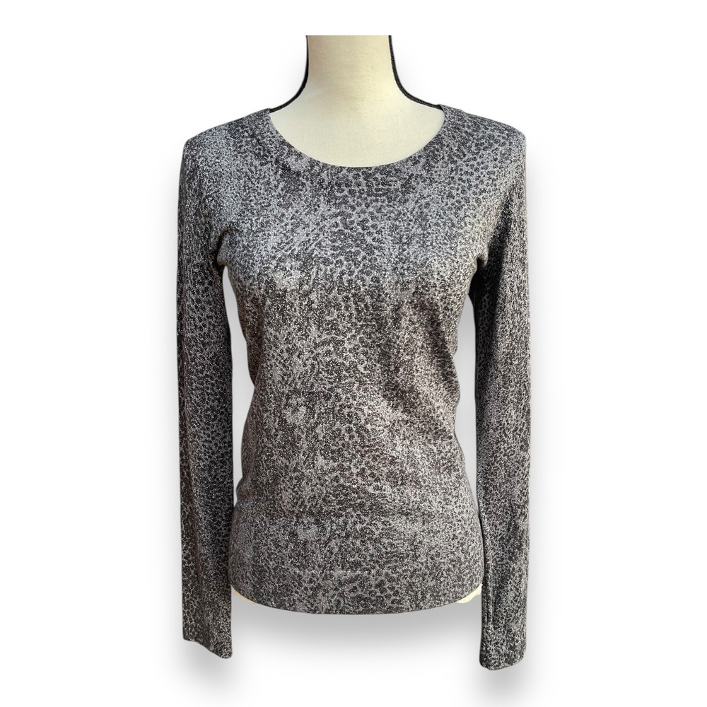 Diane von Furstenberg Metallic Animal Print Knit Top Silver Black Long Sleeve S